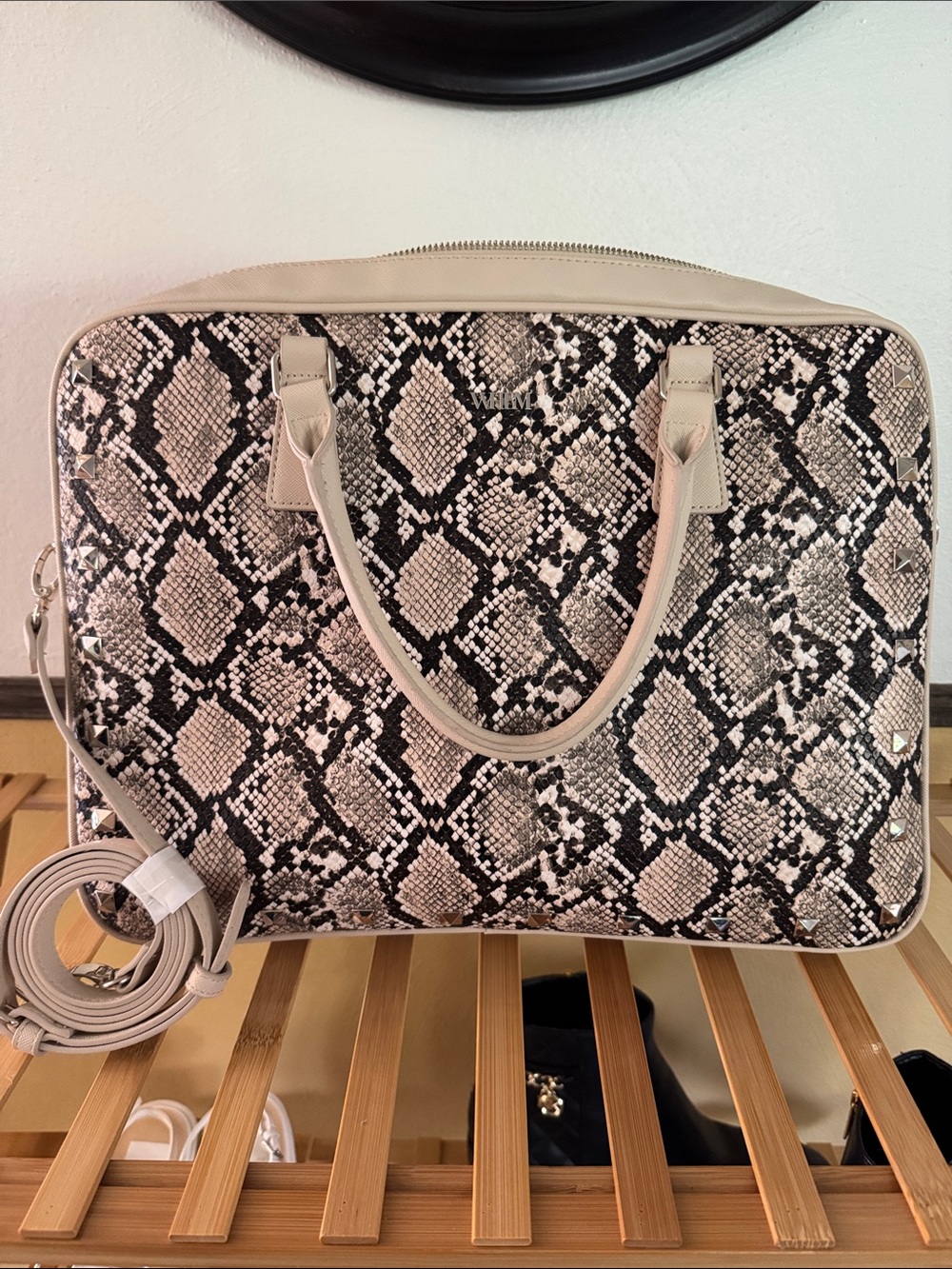 Whiting & Davis Beige and Black Snake-Print Laptop Bag